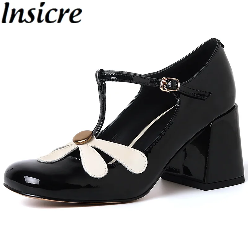 Insicre 2023 Fashion Women's Pumps Flower Buckle Thick High Heel Spring Sweet Shoes Cow Patent Leather Mary Janes Round Toe