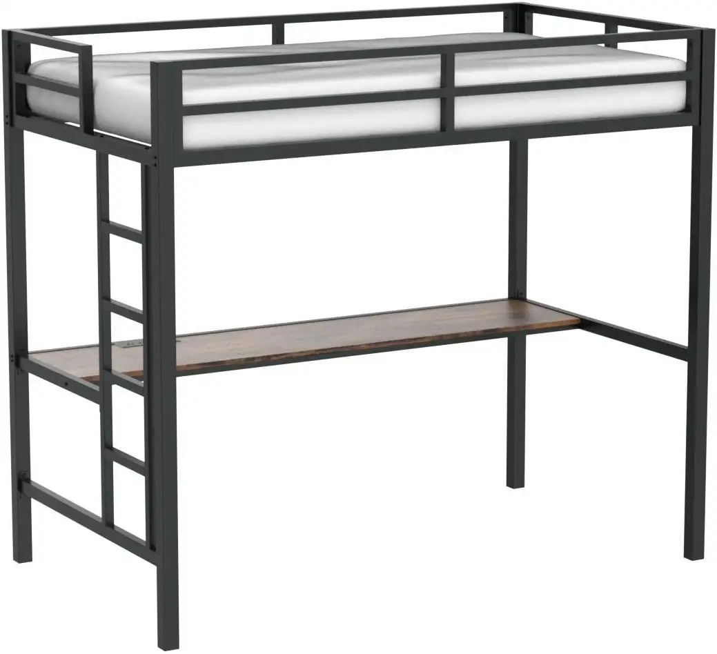 Loft Bed Twin Size with Desk, Metal Loft Bed Frame with Power Outlet and LED Lighted, Space-Saving, Noise Free, Black