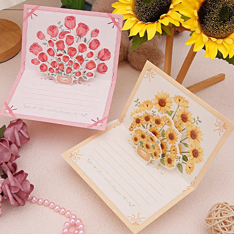 Greeting Cards Pop-Up 3d Tulips Roses Sunflowers Bouquet Mother'S Day Blessings Creative Card Gift For Mother