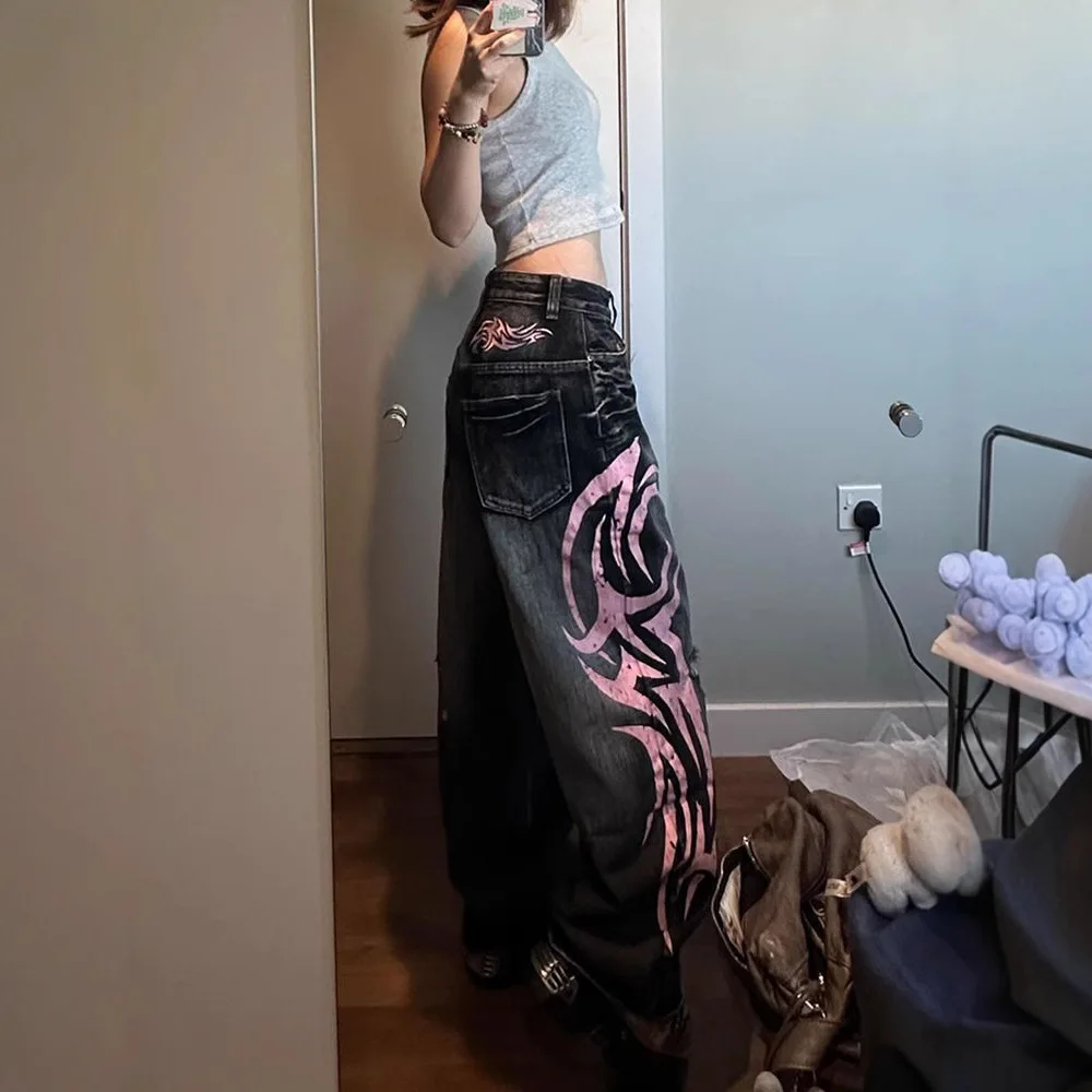 Y2K American Vintage Mottled Totem Print Baggy Jeans Women's High Waist Wide Leg Jeans Women's Trendy Hip-hop Jeans 4