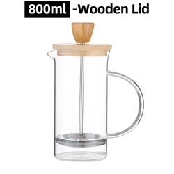 Stainless Steel & Borosilicate Glass French Press Coffee Maker, Heat Resistant Percolator (350-1000ml) (800ml Wooden lid)
