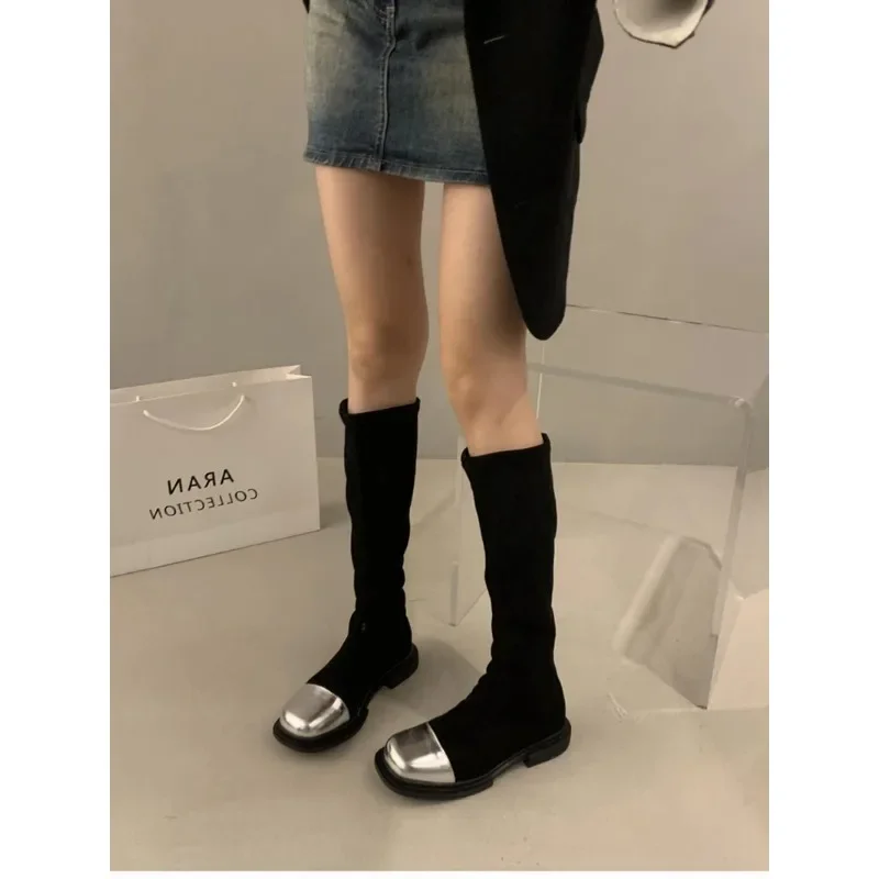 2023 NEW Sllip on Women Elastic High Boots Fashion Square Toe Long Booties Ladies Elegant Low Heel Shoes Winter Women's Footwear