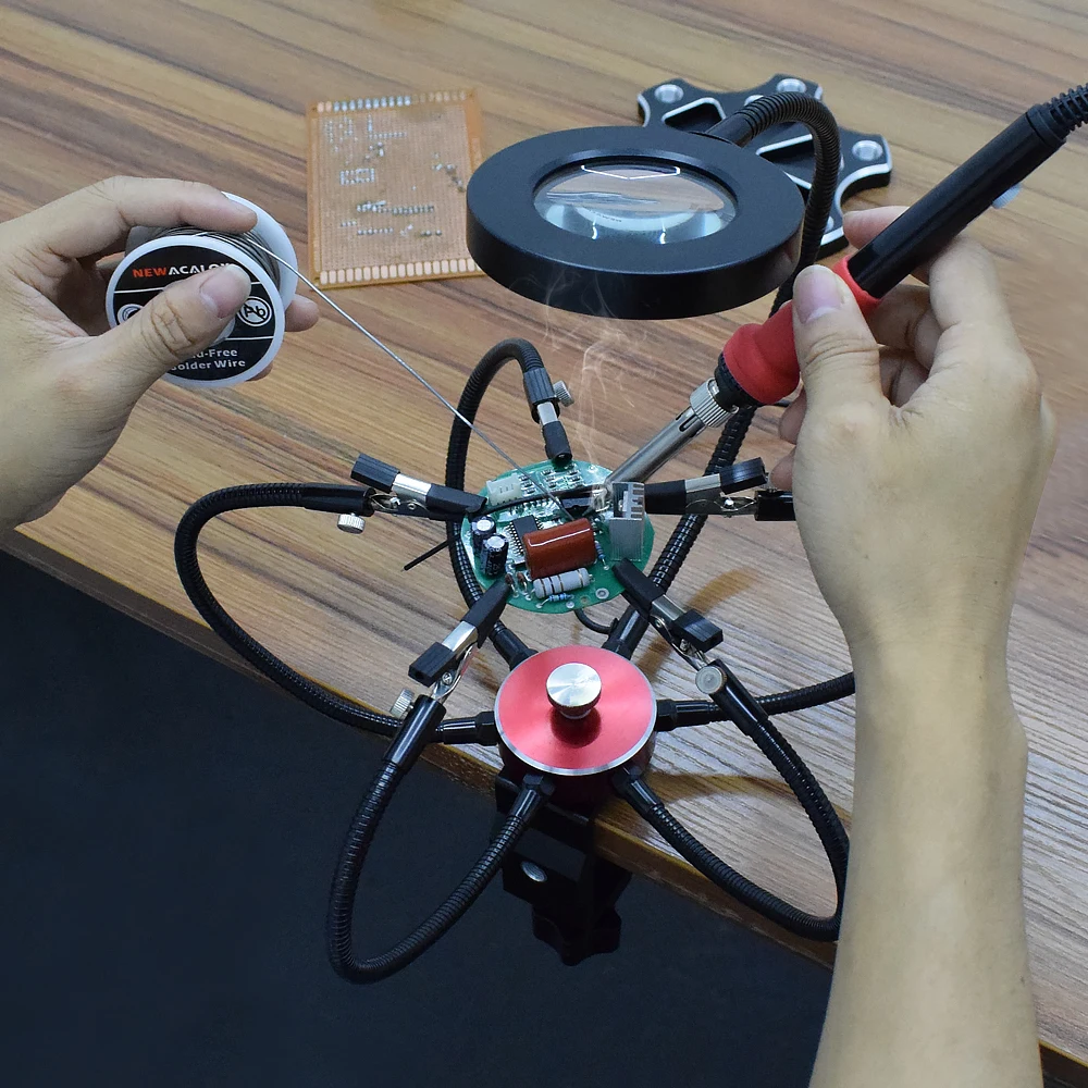NEWACALOX Soldering Repair Helping Hands Third Hand with 3X LED Magnifying Glass 360&deg; Rotating Base PCB Holder Welding Workbench