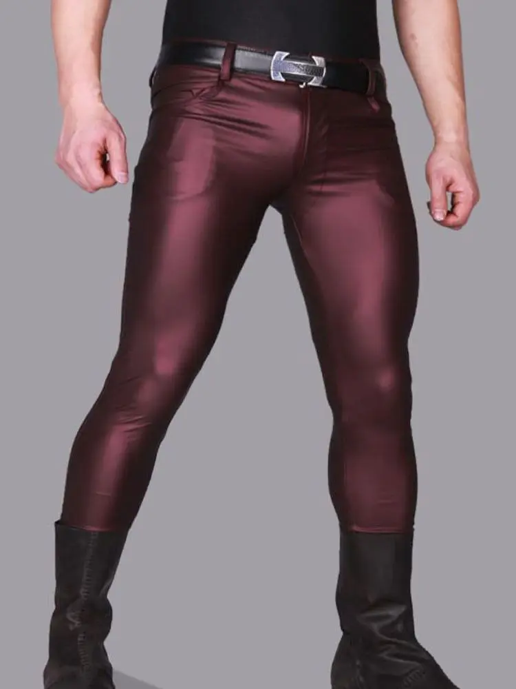 Elastic Faux PU Leather Jeans Pencil Pants Oil Glossy Mens Spring Autumn Trousers Leisure Pantalon Tights Motorcycle Spodnie