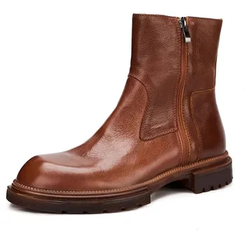 British Designer Genuine Leather Casual Chelsea Boots Men's Shoes High Top Business Autumn Winter Outdoor Cowhide Work Boots