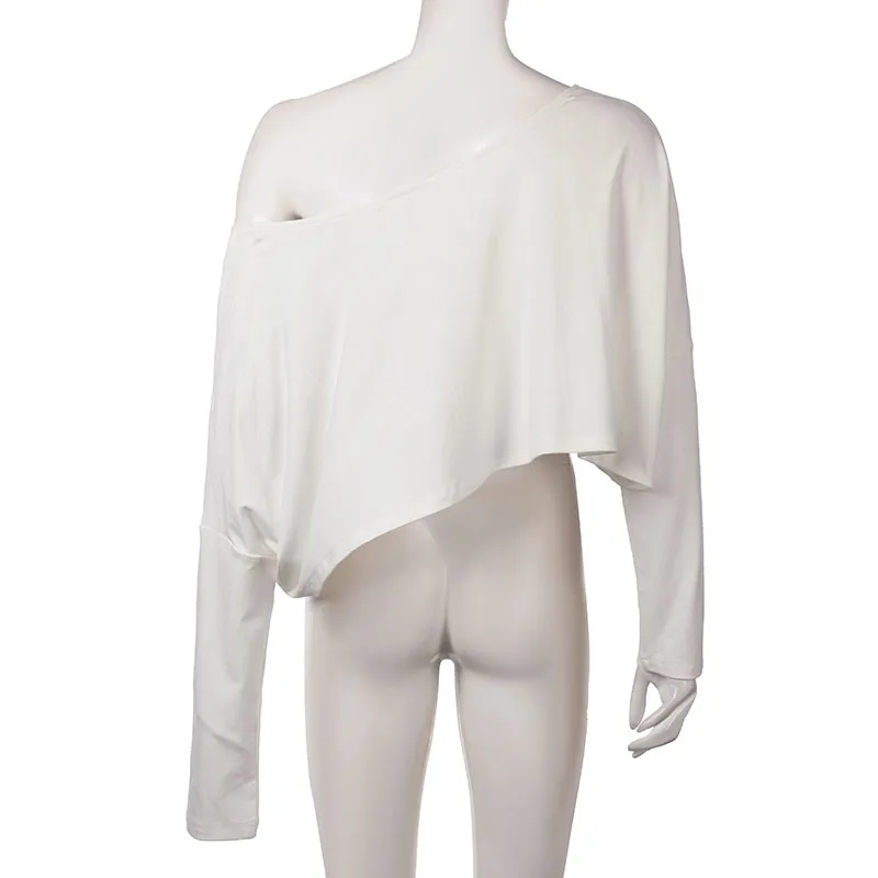 BIIKPIIK Casual Off Shoulder Solid Knitted Tops Concise Skew Collar Long Sleeve Autumn Tees For Women Sporty Irregular T-shirts 6