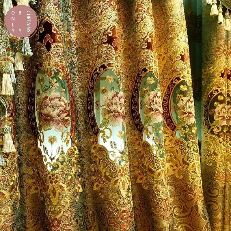 Embroidered Curtains Gold Gilded Embroidered Hollowed Out Velvet Curtains for Living Room Bedroom Partition Curtains Customized Villa Valance Tube