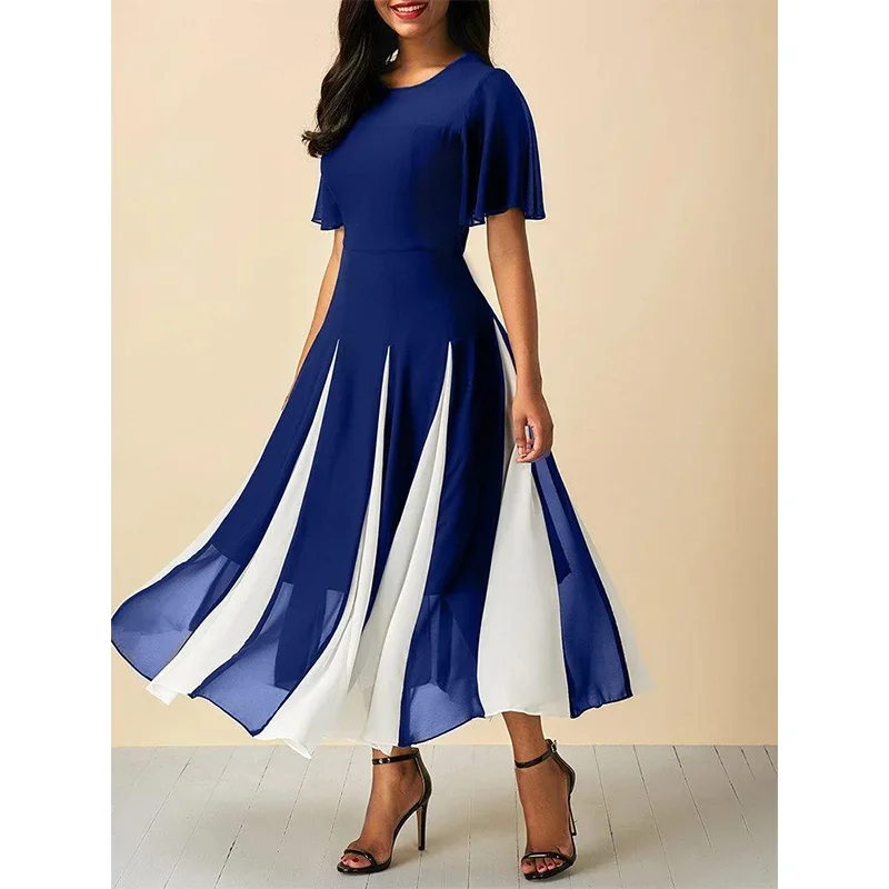 

Plus Size Women's Dress Chiffon Patchwork Short Sleeve Casual Chic Midi Dress Elegant A-Line Pleated Casual Party Dress Vestidos