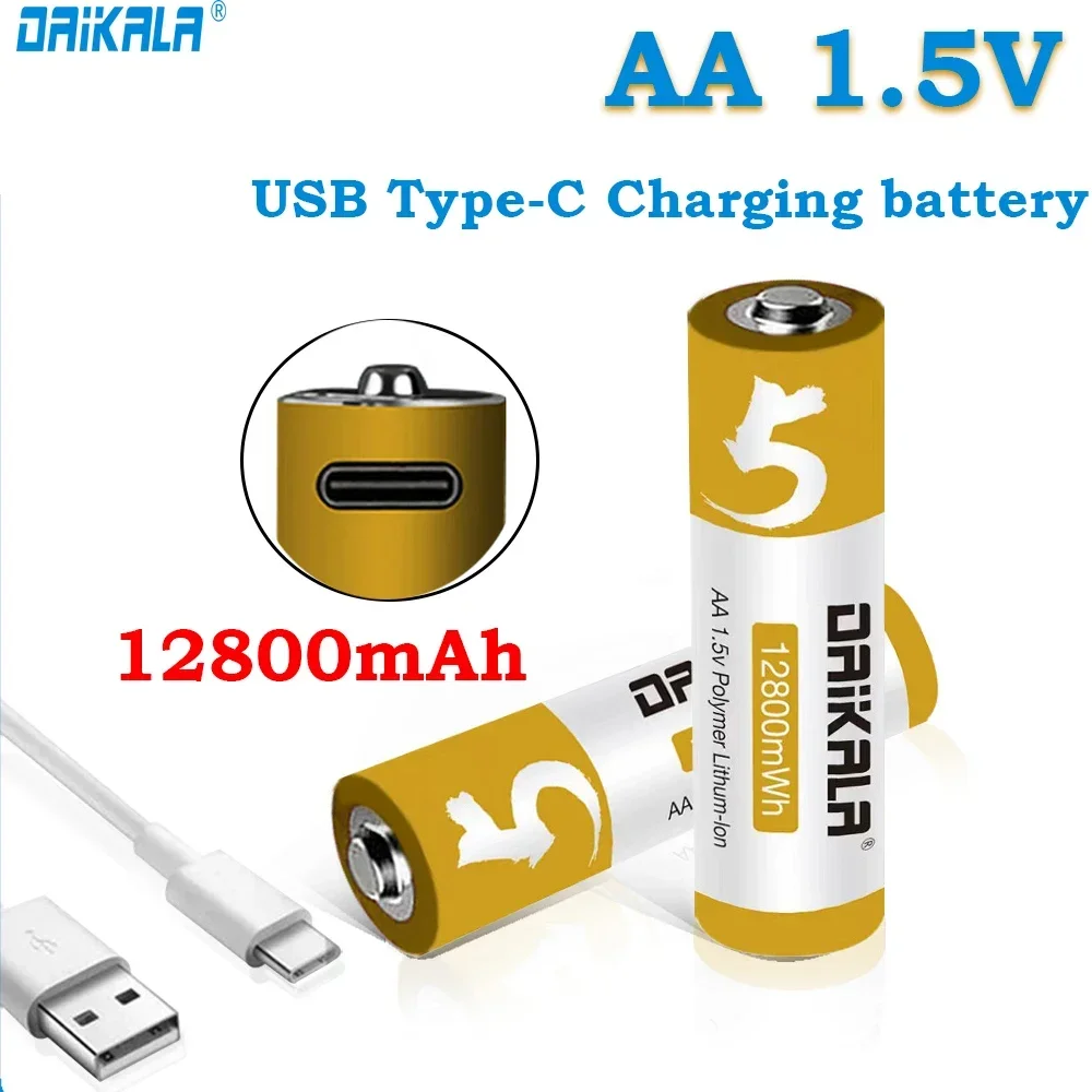 

12800mAh AA Battery 1.5V Rechargeable Li-ion Battery with USB Cable Li-Polymer Type-C Lithium Battery for Toy Remote Control MP3