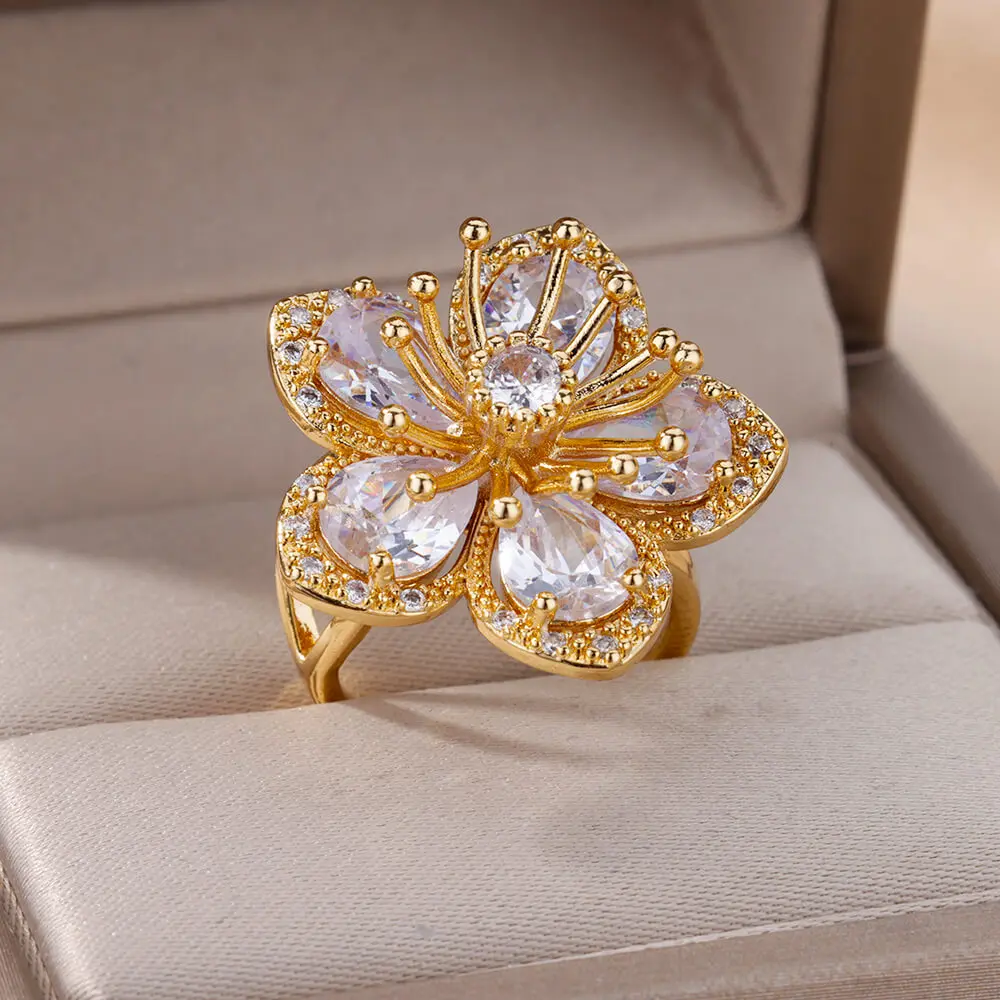 Gold Color Zircon Flower Rings for Women Girls Elegant Stainless Steel zircon rings fashion rings gold rings stainless steel rings finger rings fashion ring metal rings Floral Jewelry Trendy Luxury Aesthetic 2025 Style