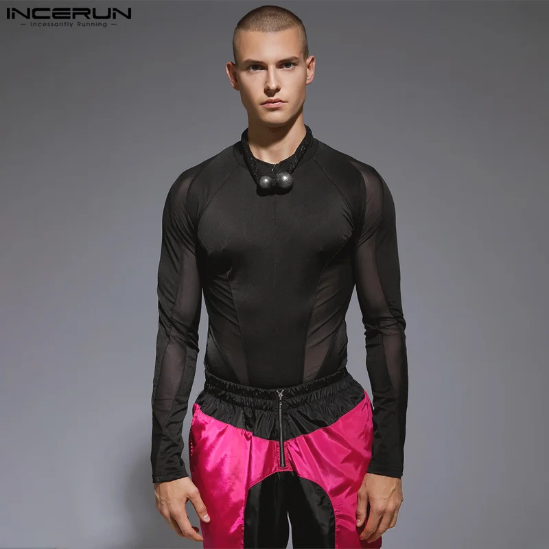 

INCERUN Men Bodysuits Mesh Patchwork Zipper O-neck Long Sleeve Sexy Rompers Men Streetwear 2023 Transparent Fashion Bodysuit