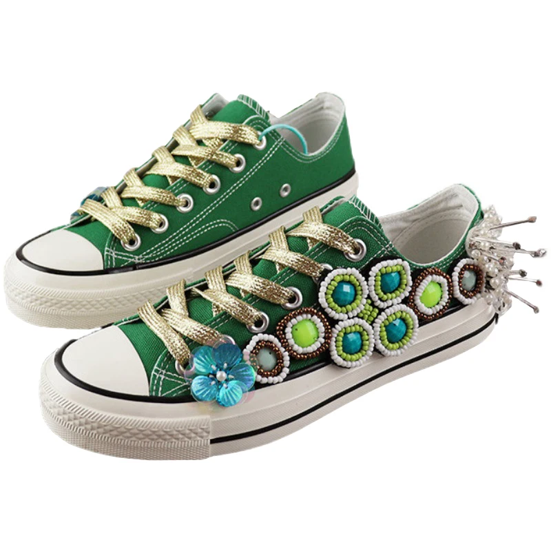 

Europe Station Spring/Summer Heavy Industry Canvas Shoes Green Women Rhinestone Casual Shoes Women Sneaker Hand-made