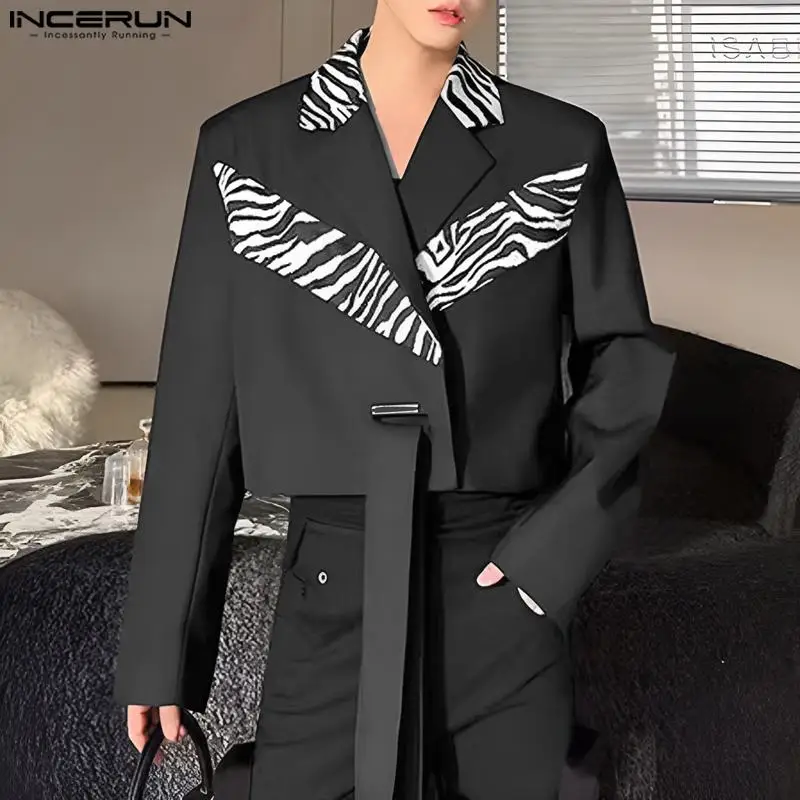 

Korean Style Men Zebra Pattern Patchwork Design Blazer Casual Streetwear Cropped Long Sleeved Suit Coats S-5XL INCERUN Tops 2023