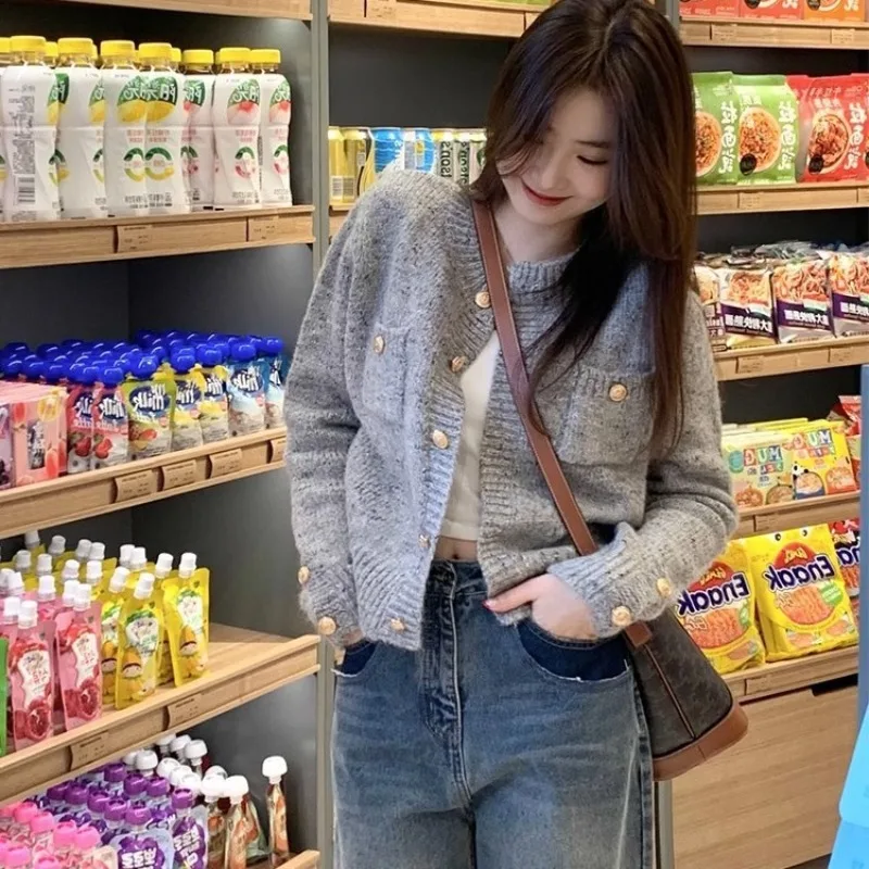 Fashion Winter Warm Long Sleeve Women Cardigan Sweater Autumn Elegant Grey Knitted Short Coat Casual Knitwear