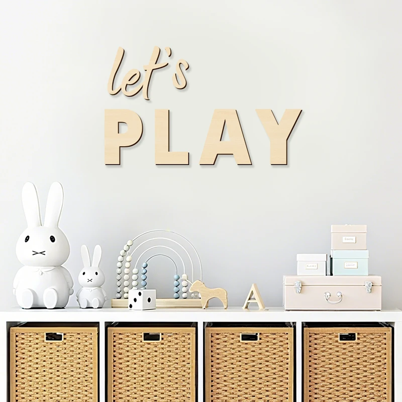 Let's Play Wall Sign Wooden Wall Stickers Suitable for Play for Playrooms Nursery Home Room Bedroom and Above the Bed Wall Decor