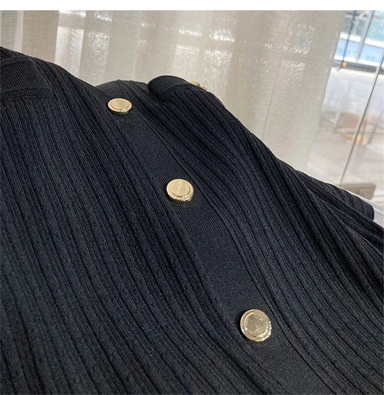 Autumn Elegant Knitted Dresses for Women Patchwork V-neck Puff Sleeve Single Breasted Midi Dress Fashion Ladies Vestidos Femme