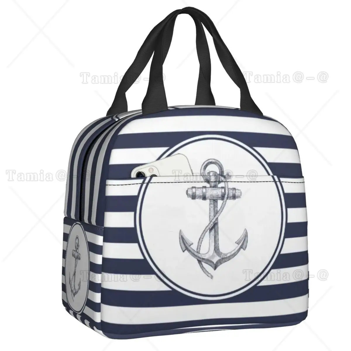 

Navy Blue Stripes Nautical Anchor Insulated Lunch Bags for Women Portable Thermal Cooler Food Lunch Box Outdoor Camping Travel