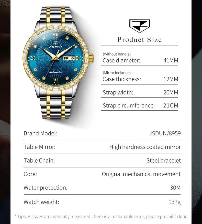 JSDUN 8959 Man Watch Classic Diamond Scale Mechanical Watch For Men Top Brand Week Date Display Luxury Wristwatch Waterproof