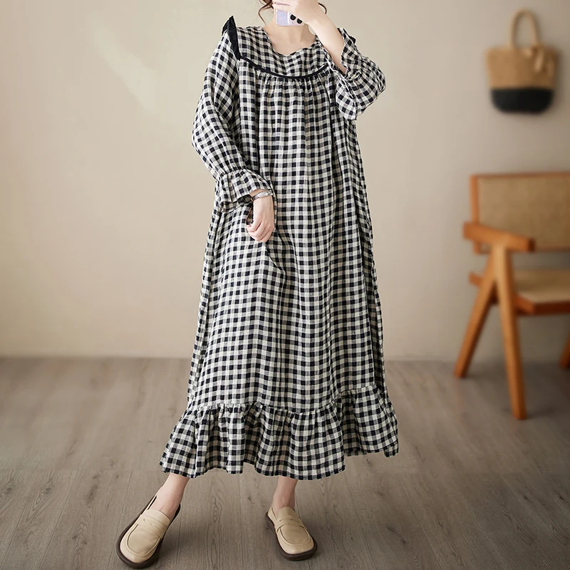 

2023 New Arrival Japanese Style Long Sleeve Vintage Plaid Autumn Dress Patchwork Folds Fashion Women Travel Casual Spring Dress