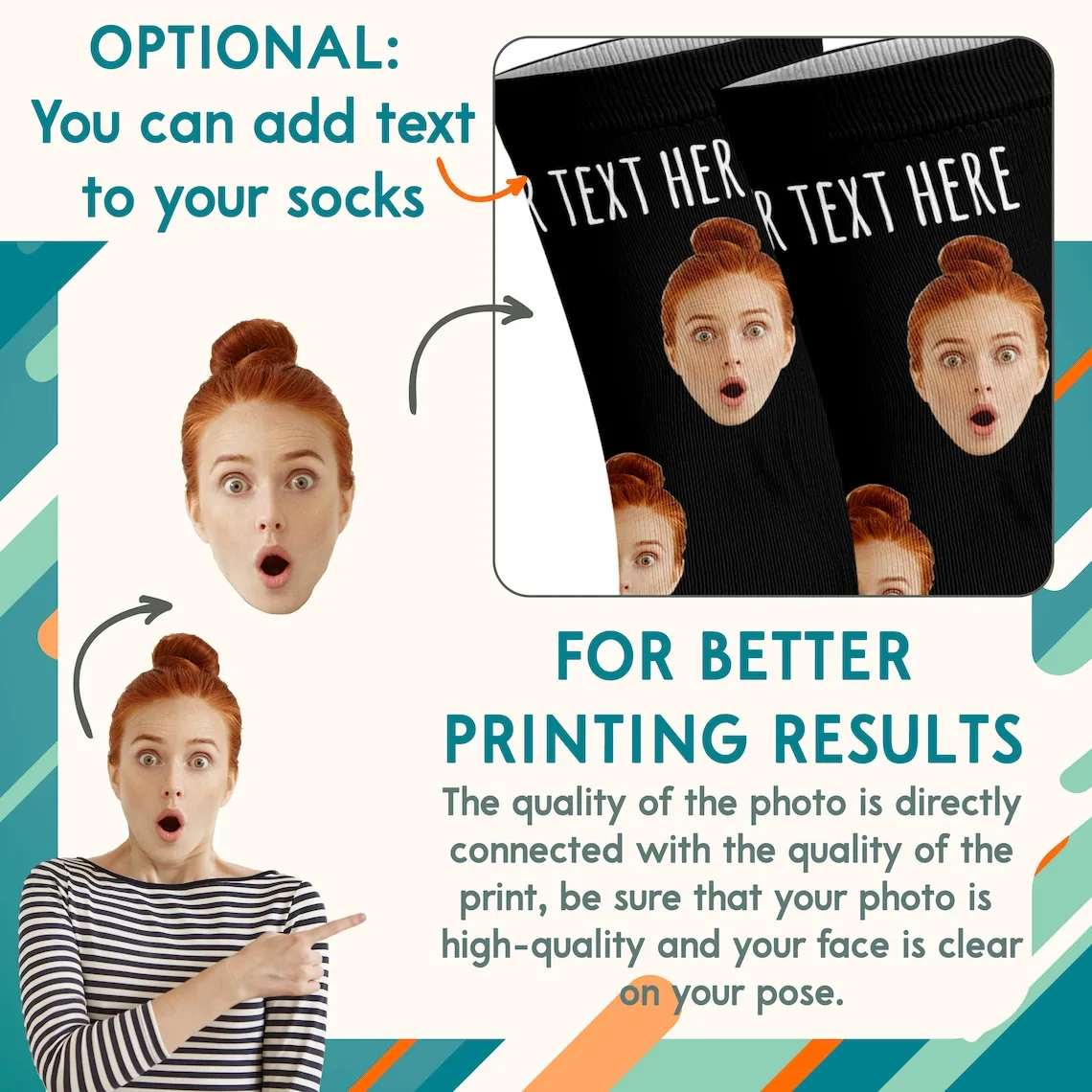 Personalized Sock Photo For Men Women 10 Solid Colors Custom Face Socks Add Your Text Cotton Casual Fun Happy Christmas Gifts