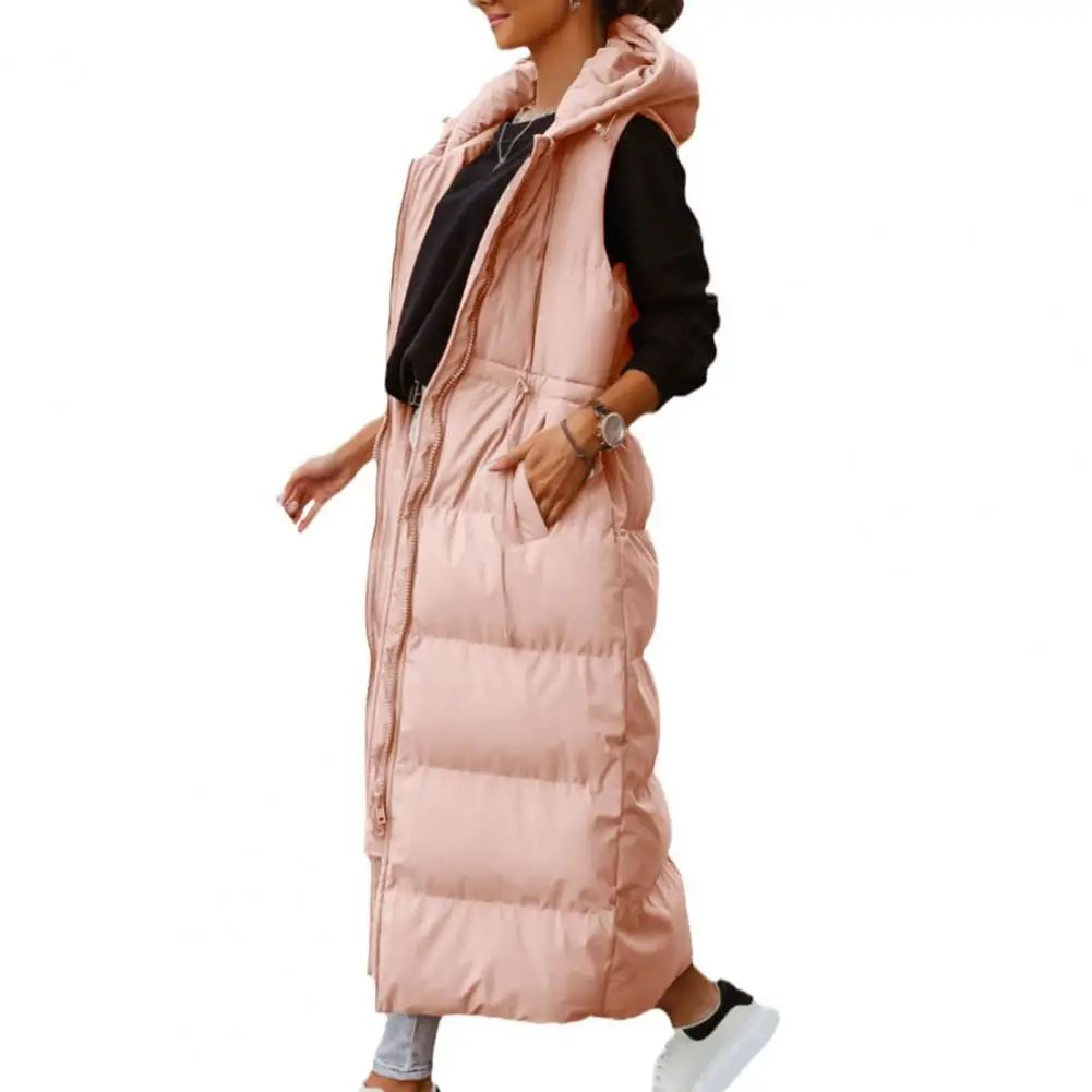Autumn Winter Women Down Vest Long Zipper Hooded Pockets Sleeveless Coldproof Down Coat Jacket for Outdoor