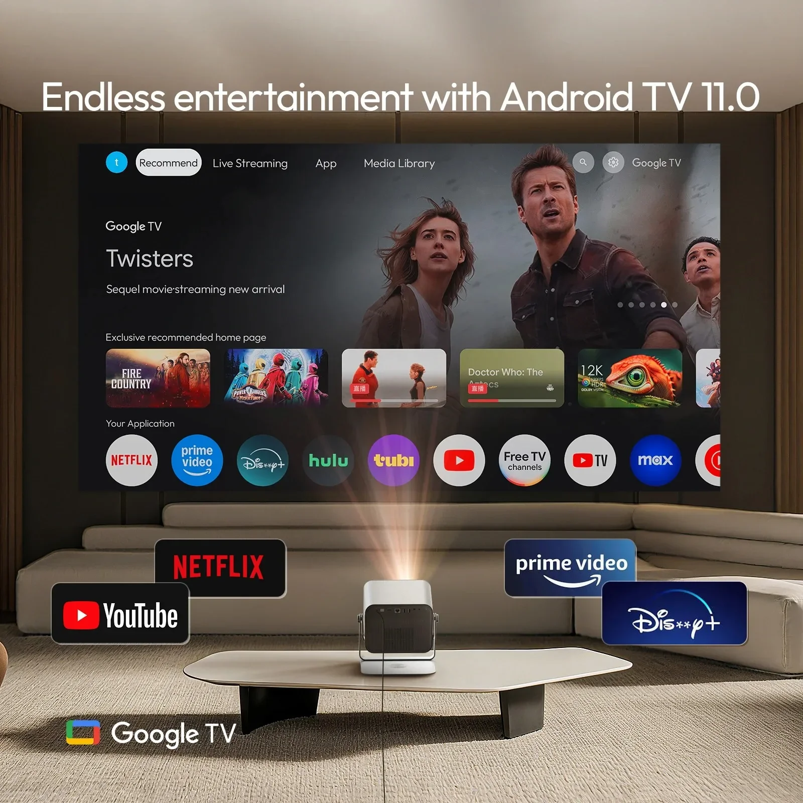 ApexTPBYINTEK R90 Max 풀 HD 1080P 프로젝터 4K DLP 2200 ANSI 루멘 안드로이드 TV 11.0 3D 4K 지원 스마트 홈시어터 프로젝터