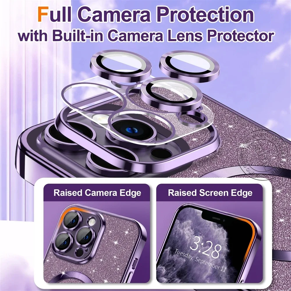 حافظة لامعة لهاتف آيفون 17 إير 15 14 13 12 11 16 برو ماكس بلس Magsafe غطاء لامع للشحن اللاسلكي للنساء والفتيات جديد