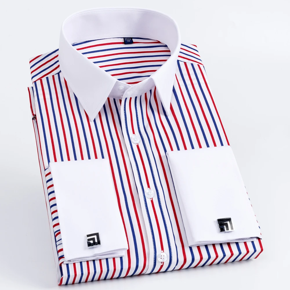 Men's Contrast Striped French Cuff Dress Shirt Without Pocket Formal