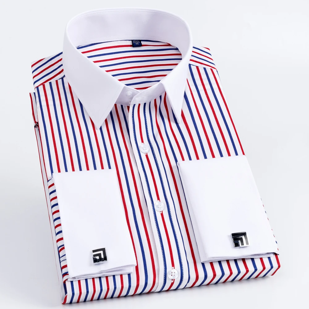 Men's Contrast Striped French Cuff Dress Shirt Without Pocket Formal ...