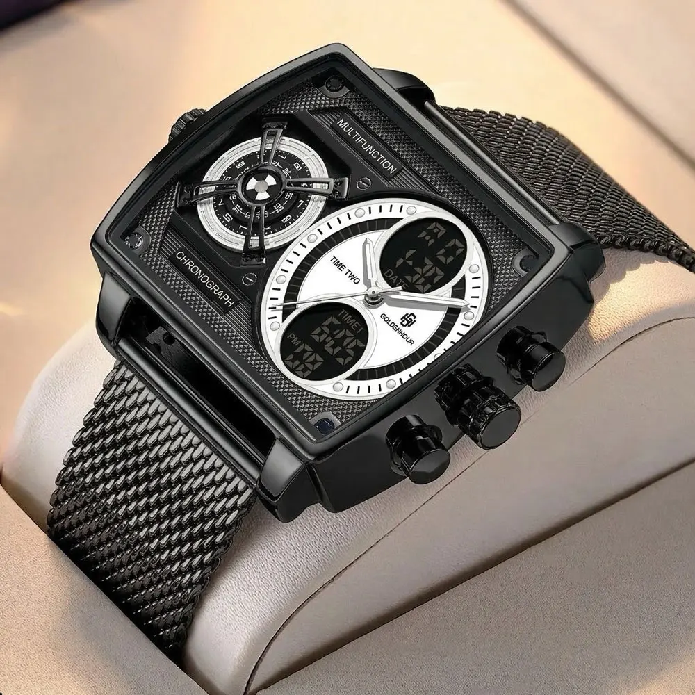 GOLDENHOUR Luxury Black Men’s Industrial LED Digital-Analog Waterproof Luminous Quartz Wristwatch