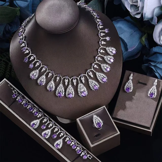 2024 Clever Dubai Water Drop 4-piece Necklace and Earring Set with Cubic Zirconia Jewelry for Women's Wedding Party Gifts 1
