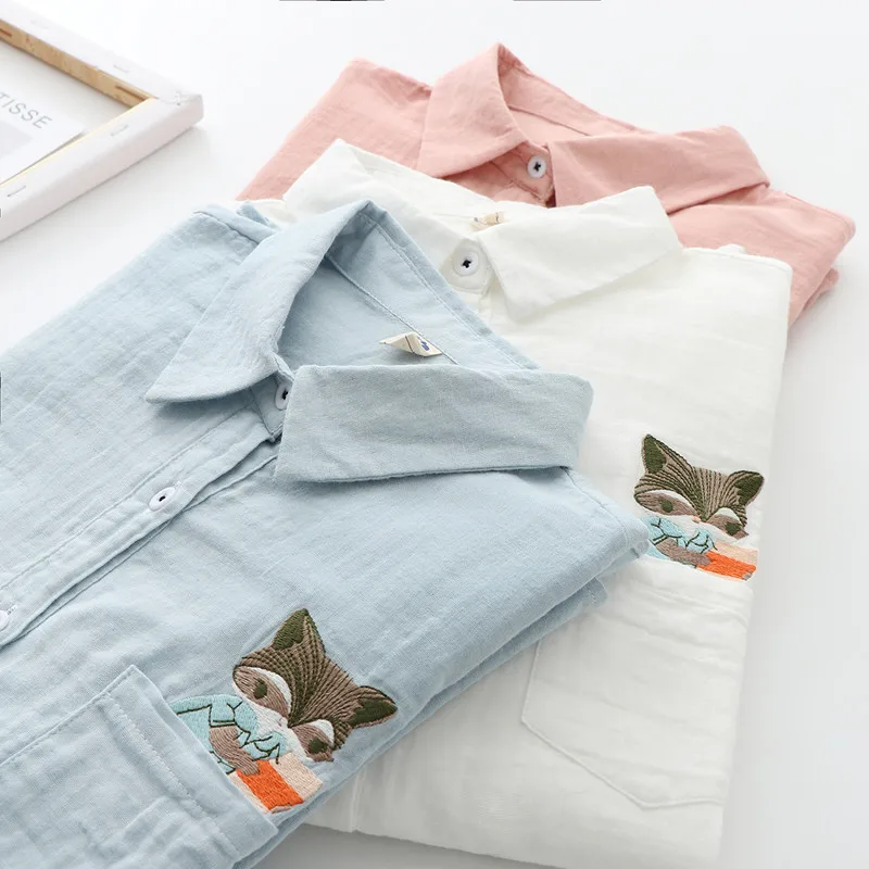 

Cotton Blouse Women Little Cute Fox Embroidery Shirt Long Sleeve Lady Tops News