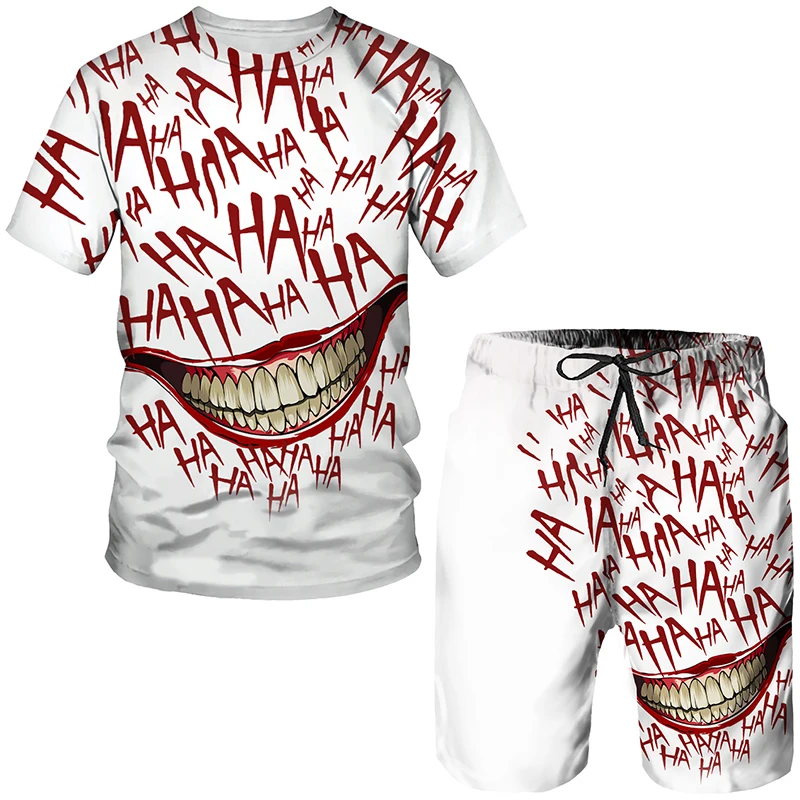 Personality Fashion Men's Clown 3D Printing Tees Shorts Suits Horror Two Piece Sets Outfits Hip Hop Streetwear Male Clothing Set kbq streetwear