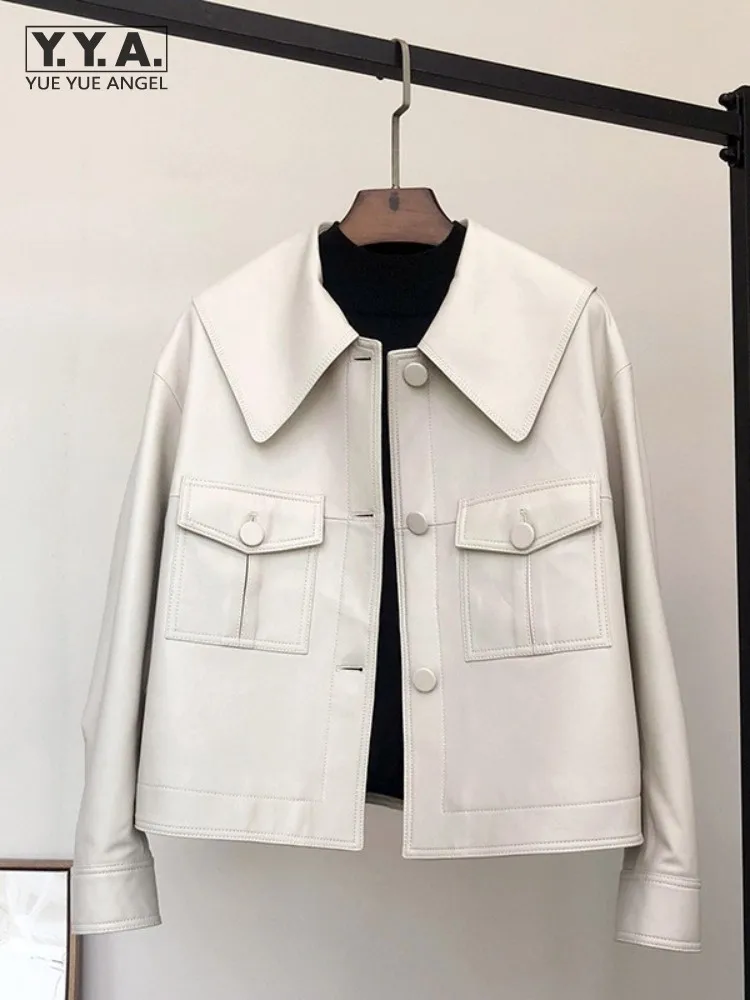 

Spring Women Genuine Leather Jacket Long Sleeve Square Collar Fashion Single Breasted Solid Color Casual Sheepskin Short Coat