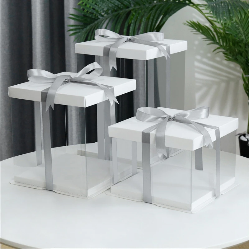 

Transparent cake box 4 6 8 10 12 14 inch double-layer raised three-layer square birthday packaging box