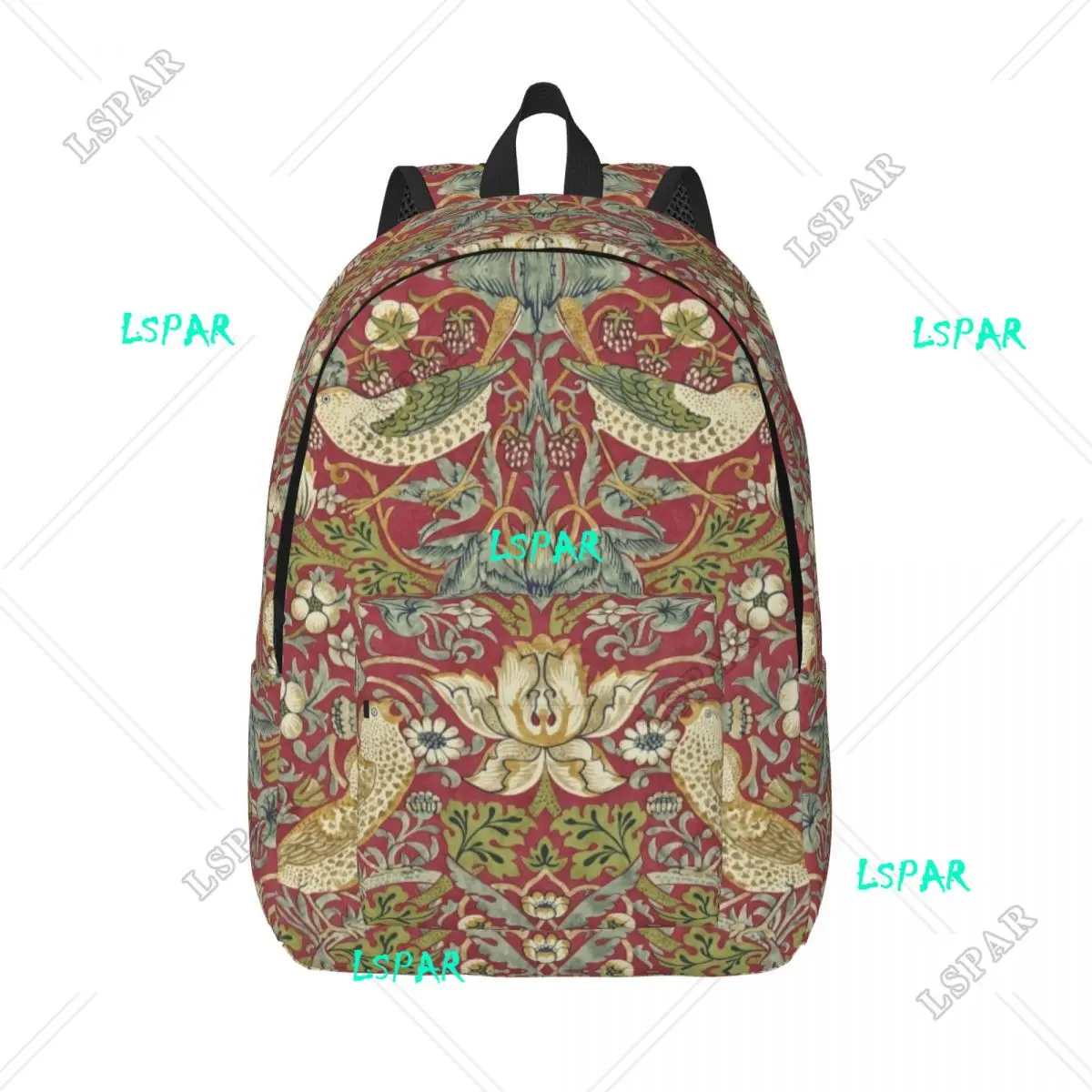 

William Morris Strawberry Thief Red Travel Canvas Backpack School Laptop Bookbag Floral Textile Pattern College Daypack Bags