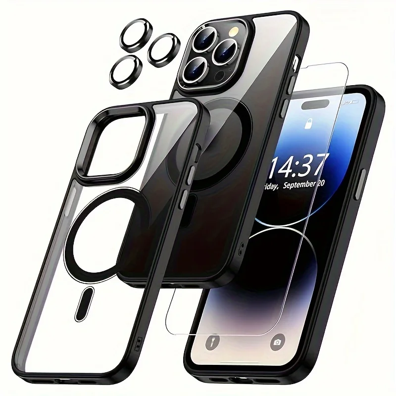 Enhanced Clear Black Magnetic Phone Case with Screen Protector - Shockproof 3-in-1 Design