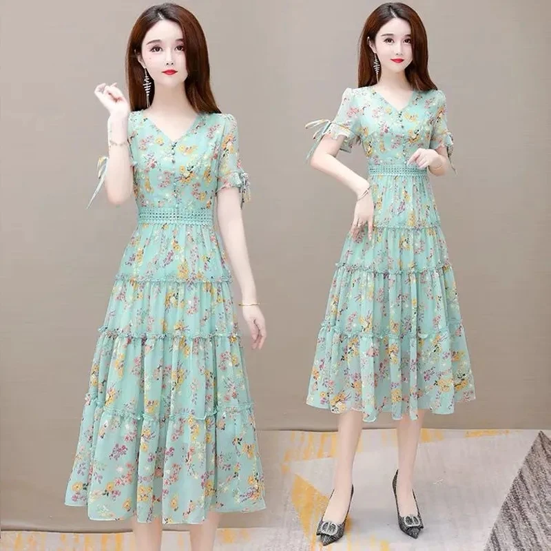 Women-Summer-Flower-Print-Dress-2023-New-French-Long-V-Neck-Cake-Dress ...