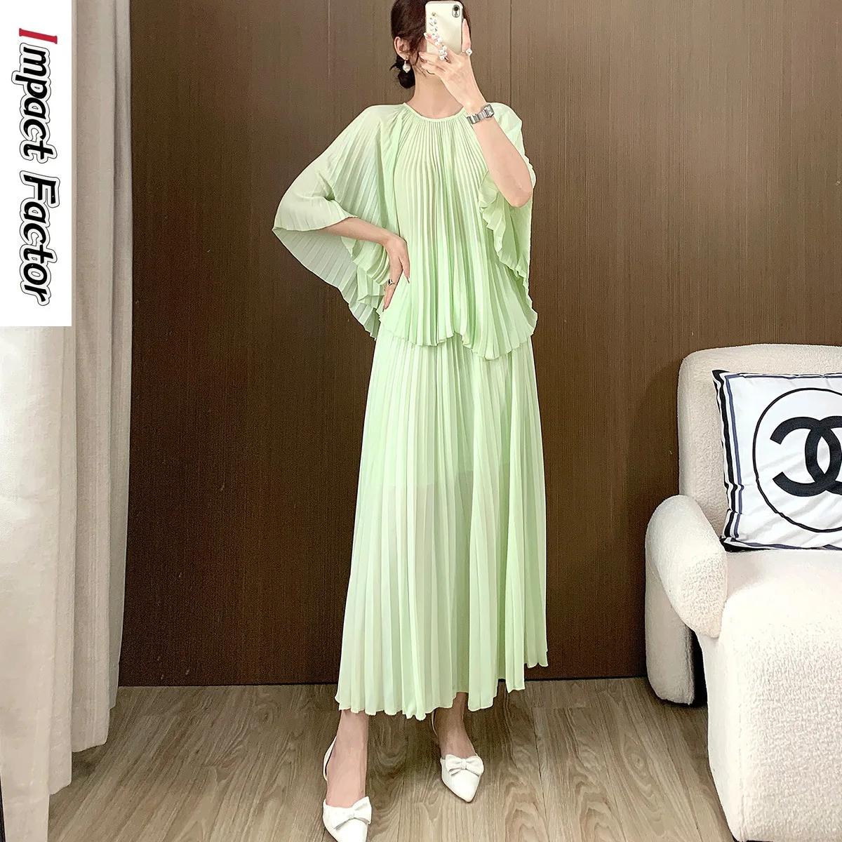 

Свободный плиссированный топ с рукавом летучая мышь, юбка с завышенной талией, длинный Модный повседневный комплект из двух предметов, Женский Топ высокого качества