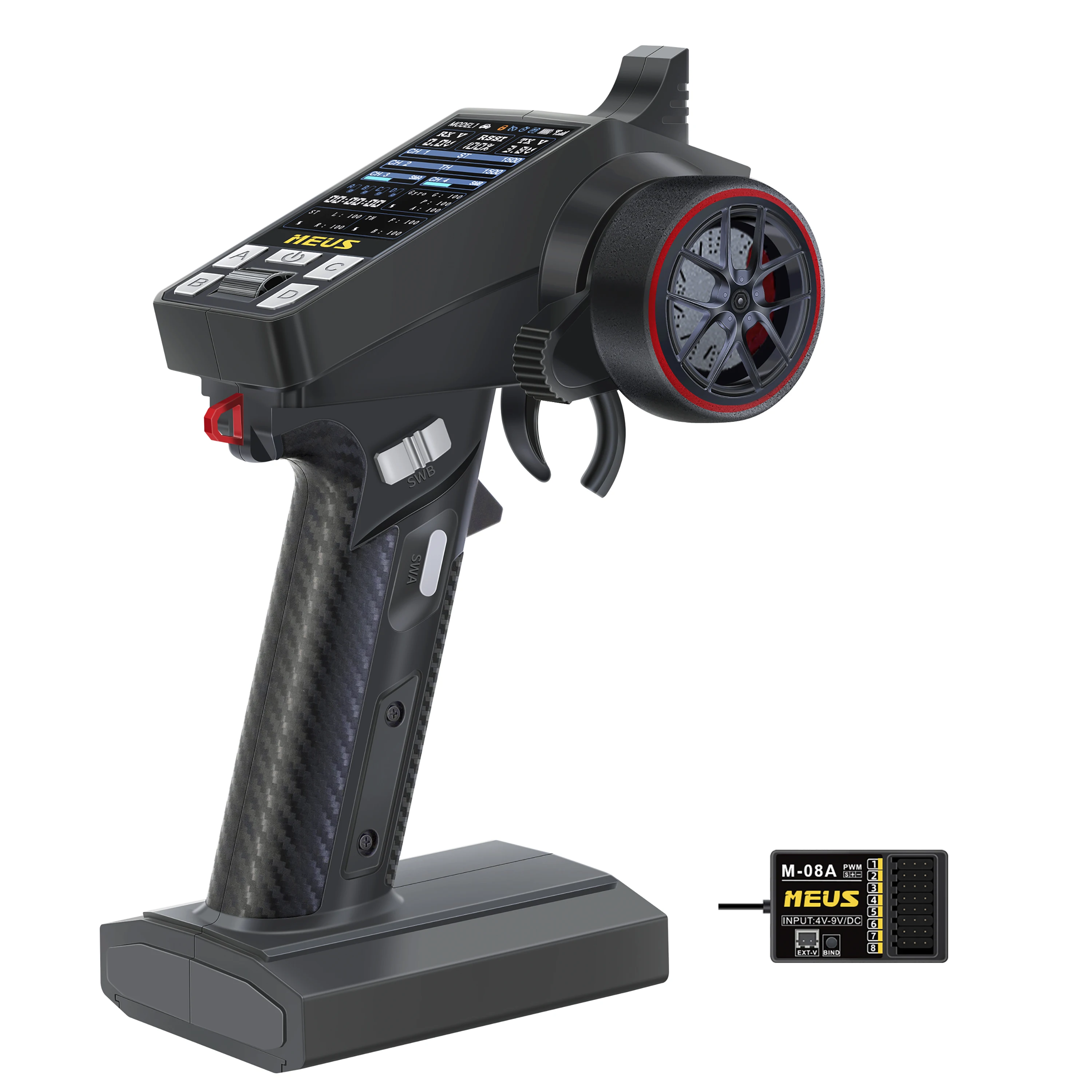 Récepteur MEUS RACING ME-8A connecté au transmetteur, avec fils et connecteurs pour installation sur crawler