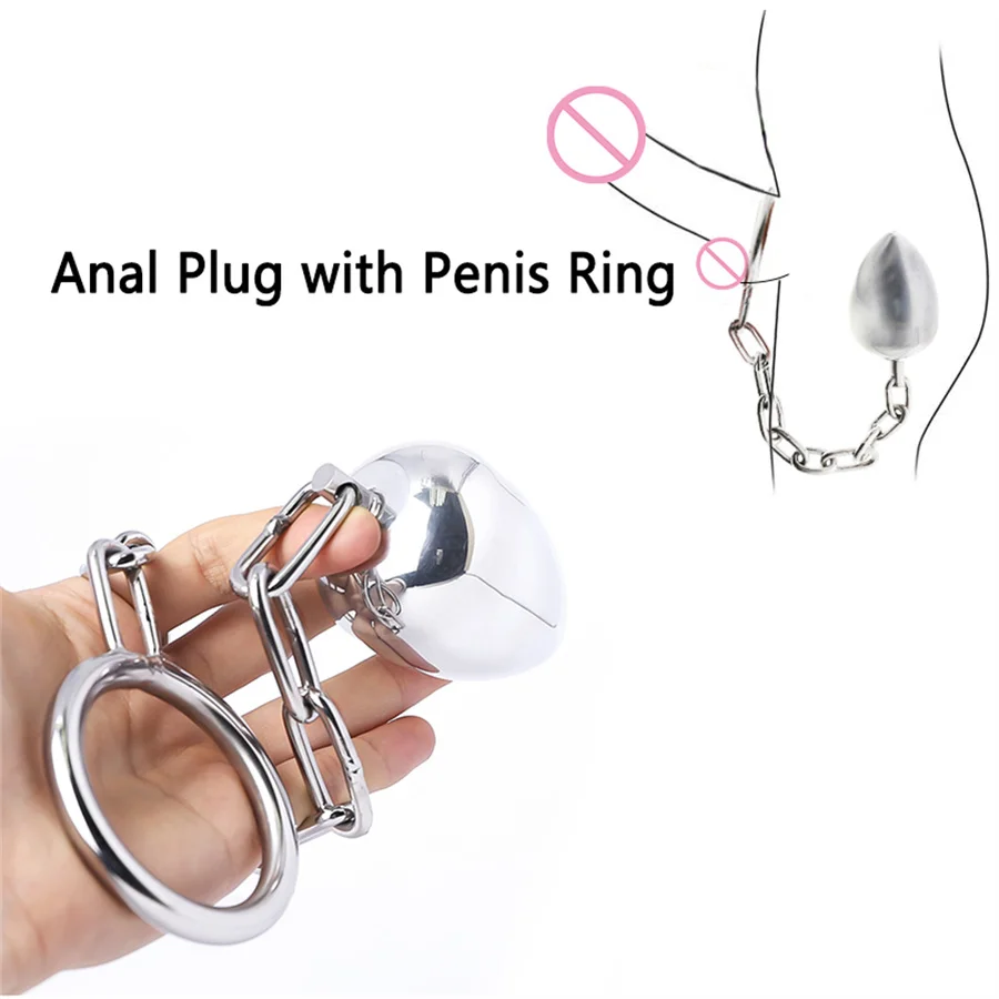 

Male Stainless Steel Butt Plug With Cock Ring Metal Anal Plug Beads With Chain Penis Ring Chastity Device Adult Sex Toys For Men