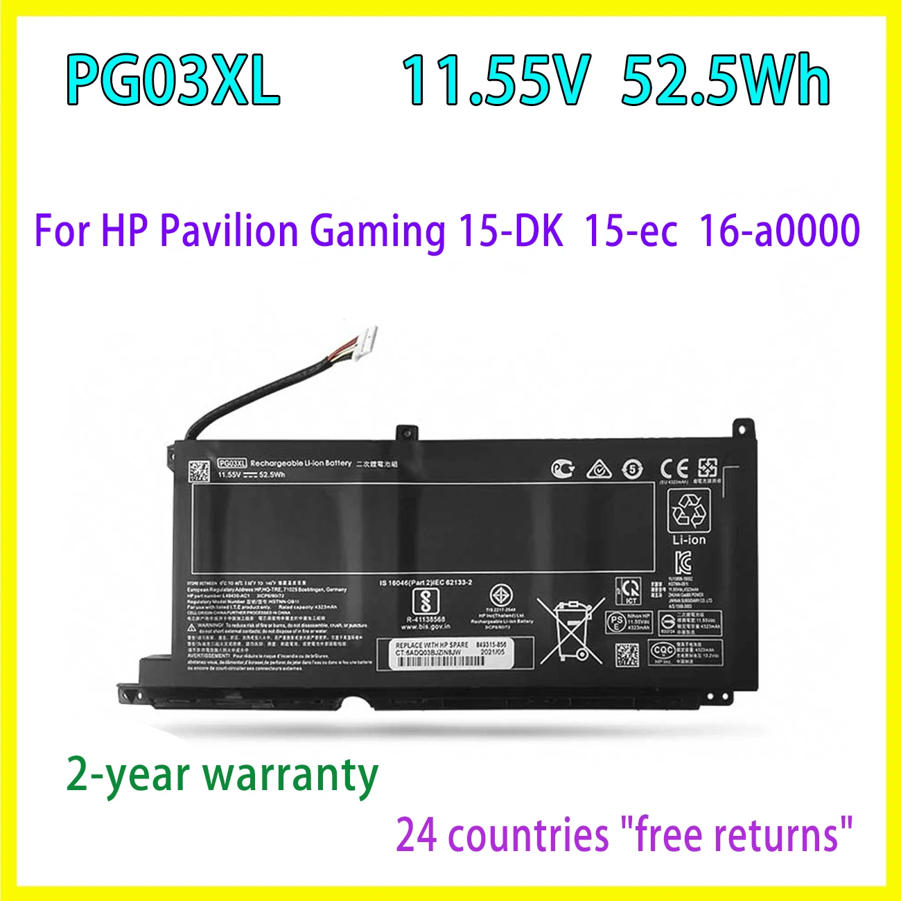 Nuova Batteria Per Laptop Pg03Xl Per Hp Pavilion Gaming 15-Dk Muslimex 15-Ec 15-Ec0000 Omen 5X Fpc52 Series 52.5Wh 11.55V