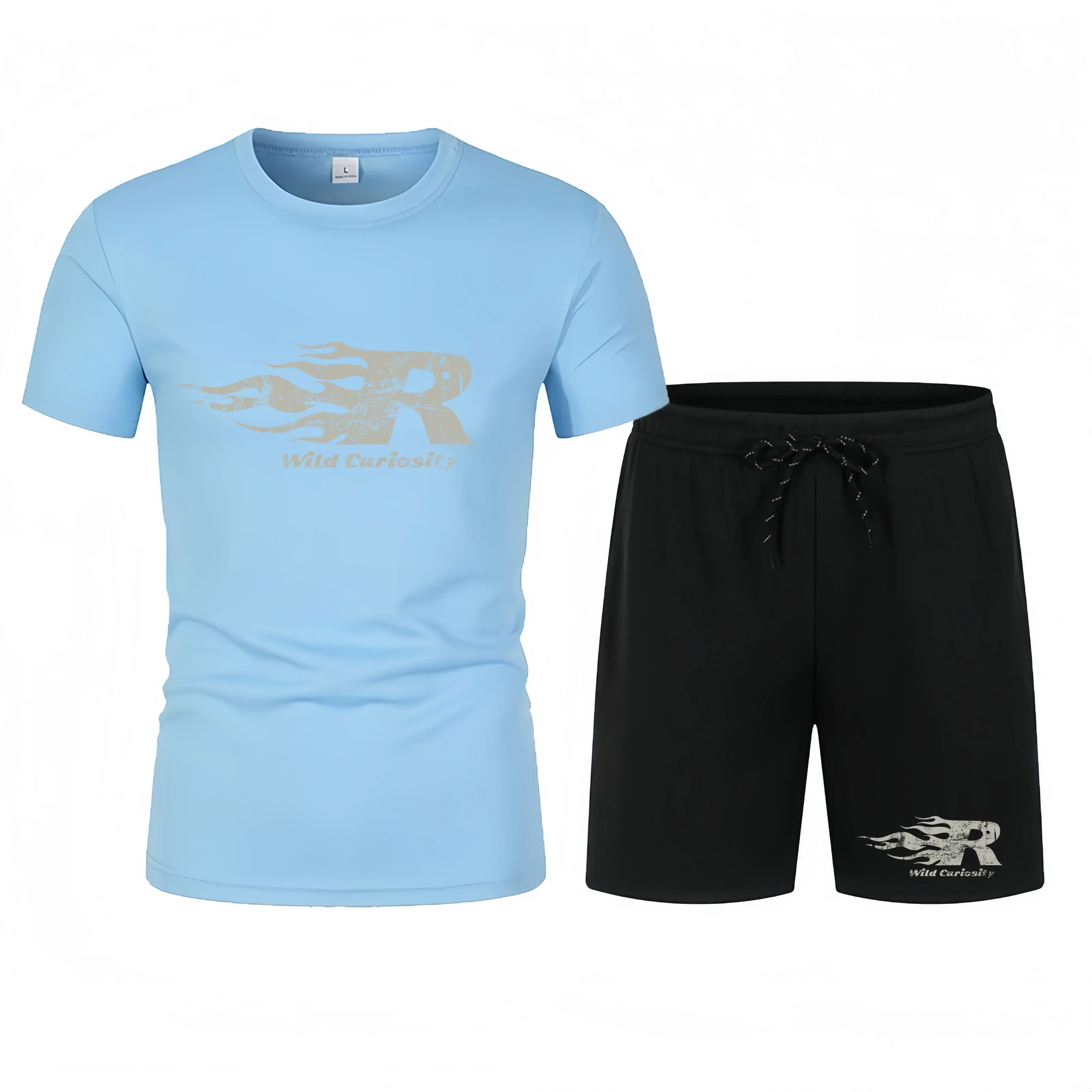 L blue t-shirt and black shorts set with red logo and text on a white background