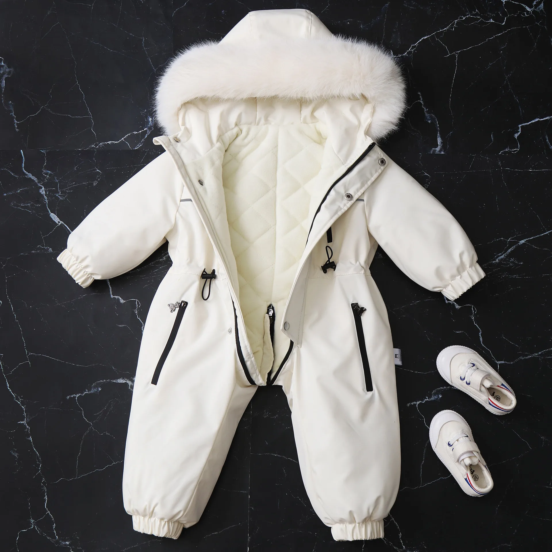 Waterproof Infant Ski Suit Fur Lining Girls Jumpsuits