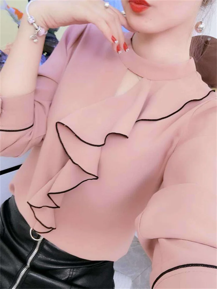 Women Spring Summer Style Chiffon Blouses Shirts Lady Casual Long Sleeve Ruffles Decor Stand Collar Chiffon Blusas Tops DF3148