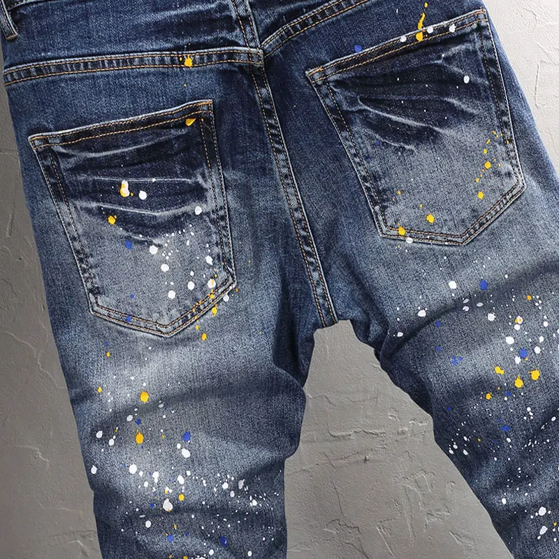 Streetwear Fashion Men Jeans Retro Washed Blue Elastic Slim Fit Ripped Jeans Men Painted Designer Hip Hop Denim Pants Hombre