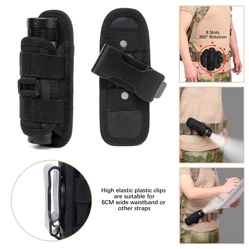 Funda para linterna Molle giratoria de 360 grados para caza táctica, funda para linterna, cinturón portátil para exteriores