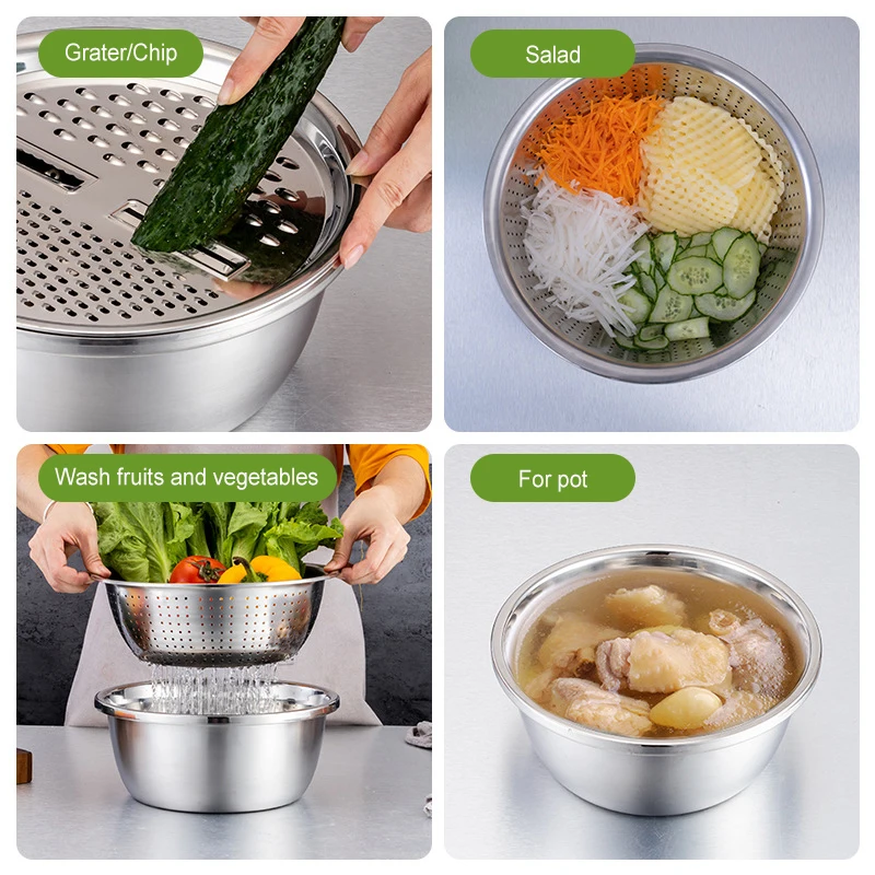 3Pcs/Set Multifunctional Kitchen Tool Grater Strainer Stainless Steel  Vegetables Fruits Graters Drain Basin Rice Washing Filter