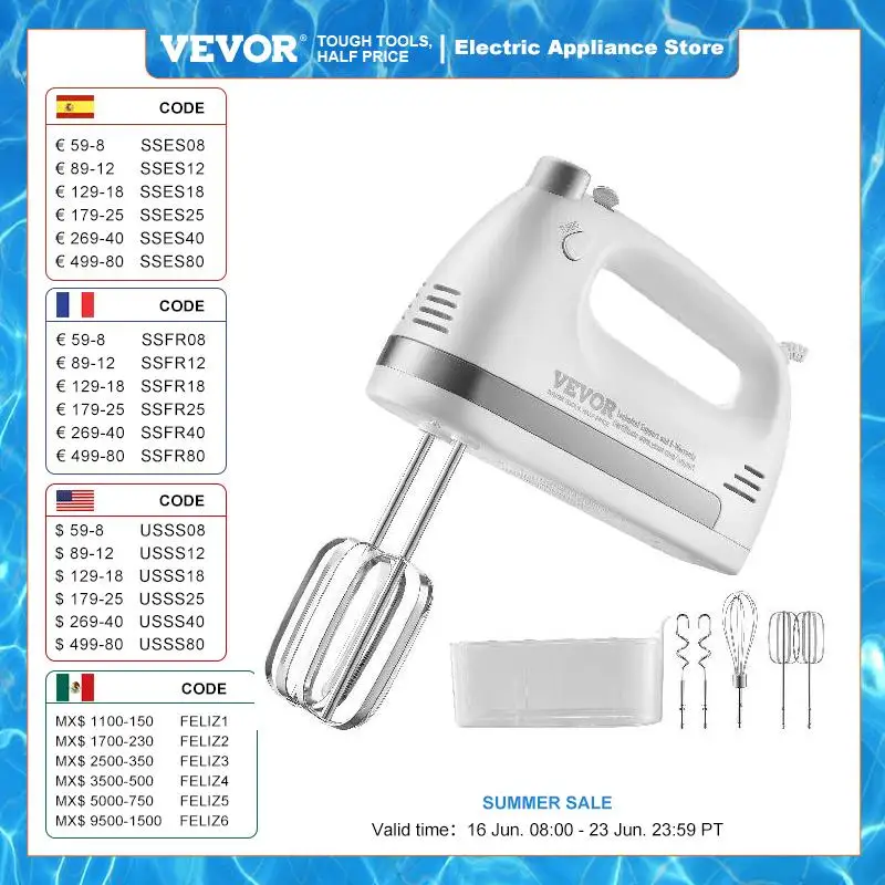 VEVOR Electric Hand Mixer  5-Speed  250 Watt Portable Electric Handheld Mixer  with Beaters Dough Hooks Whisk Storage Case