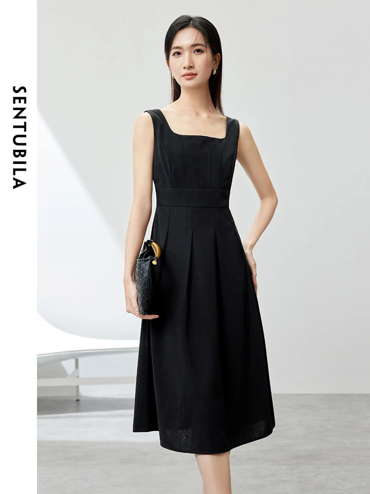

Sentubila Midi Black Dresses for Women 2024 Spring Sundress Hepburn Style Square Collar Retro Sleeveless Pleated Dress 131L45645